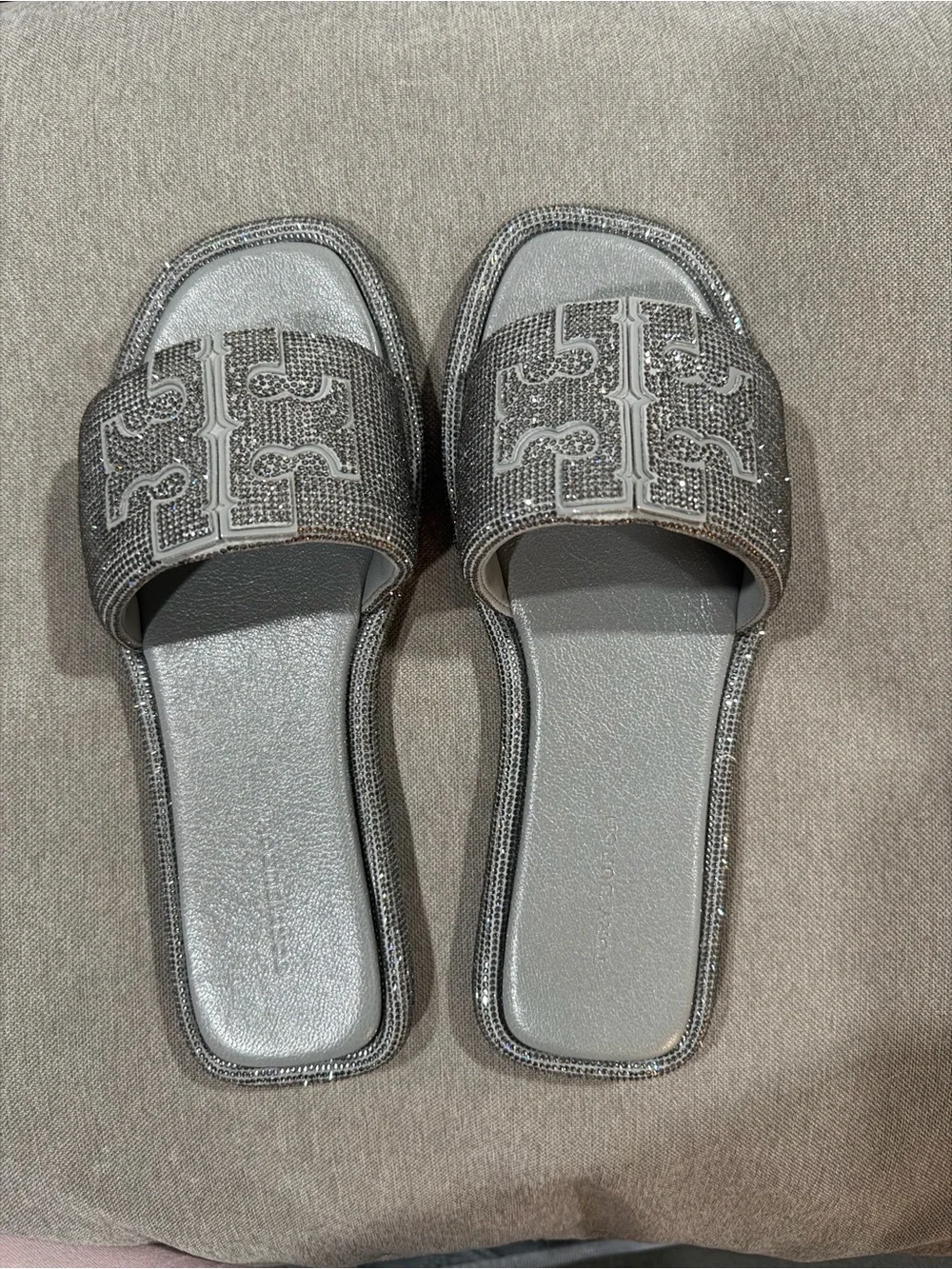 Tory Burch Metallic Silver Logo Slide Sandals
